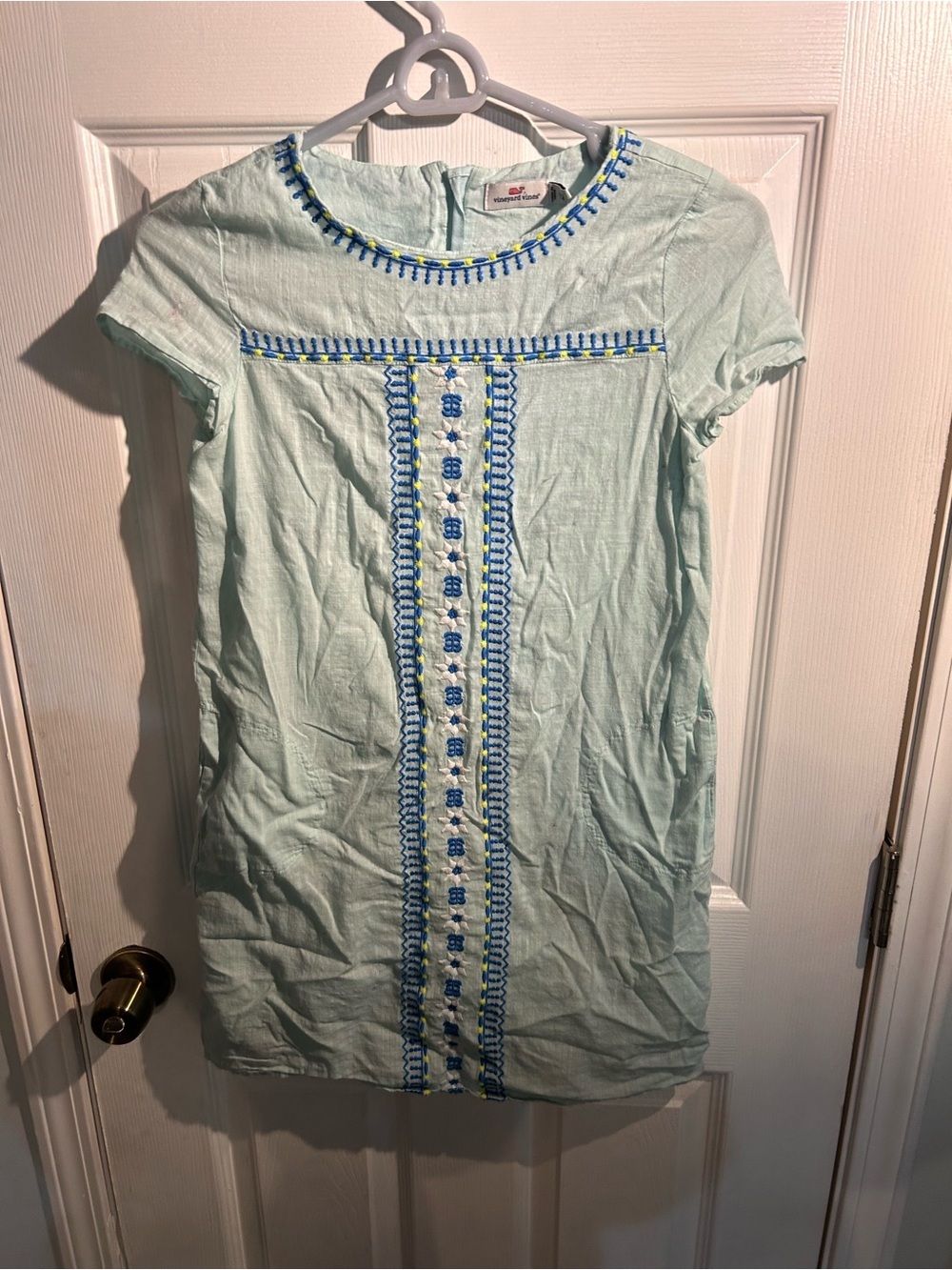 Vineyard Vines Girls Light Mint Green Dress with Blue and Yellow Embroidery